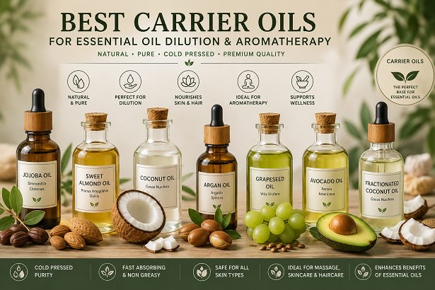 Best carrier oils including jojoba sweet almond coconut argan grapeseed avocado and fractionated coconut oil for essential oil dilution and aromatherapy