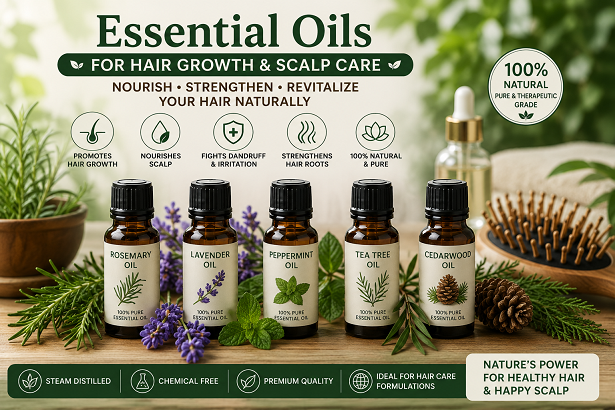 Essential oils for hair growth and scalp care including rosemary lavender peppermint tea tree and cedarwood oils