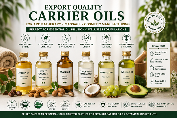 Export quality carrier oils including jojoba sweet almond argan coconut grapeseed and avocado oils for aromatherapy massage cosmetic manufacturing and essential oil dilution