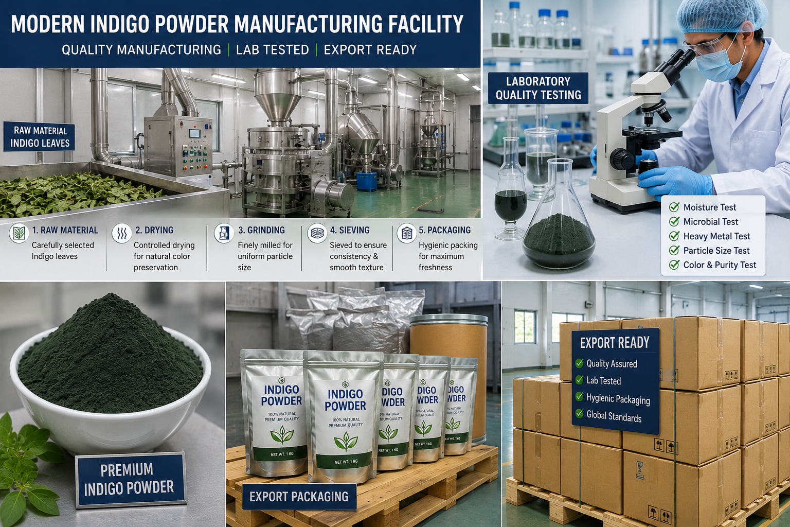 Modern indigo powder manufacturing facility with laboratory quality testing and export packaging