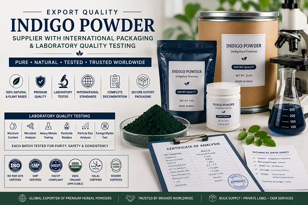 Export quality indigo powder supplier with international packaging and laboratory quality testing