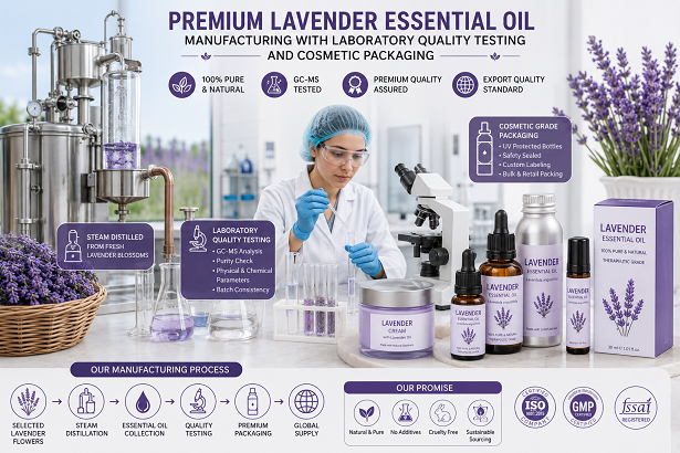 Premium lavender essential oil manufacturing with laboratory quality testing and cosmetic packaging