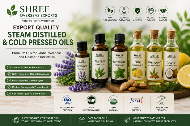 Export quality steam distilled and cold pressed oils