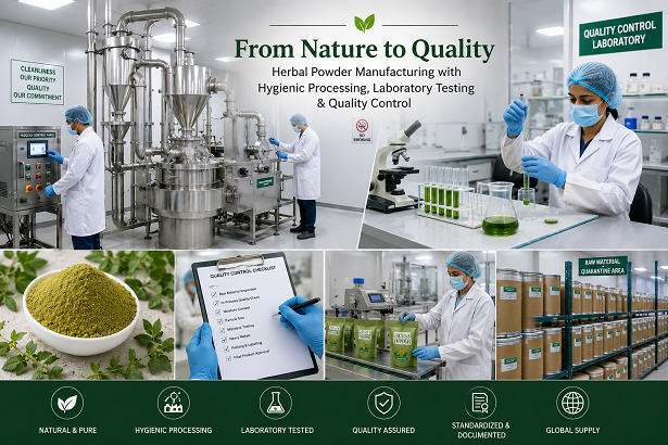 Herbal powder manufacturing facility with hygienic processing, laboratory testing and quality control