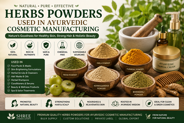 Herbs powders used in Ayurvedic cosmetic manufacturing
