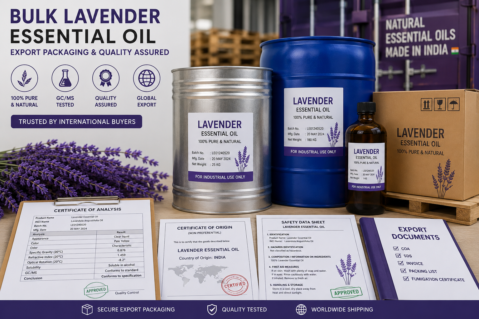 Bulk lavender essential oil export packaging with quality documentation for international buyers
