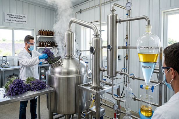 Lavender essential oil manufacturing using steam distillation equipment
