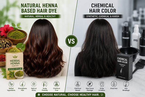 Natural henna based hair dye compared with chemical hair color for healthy hair