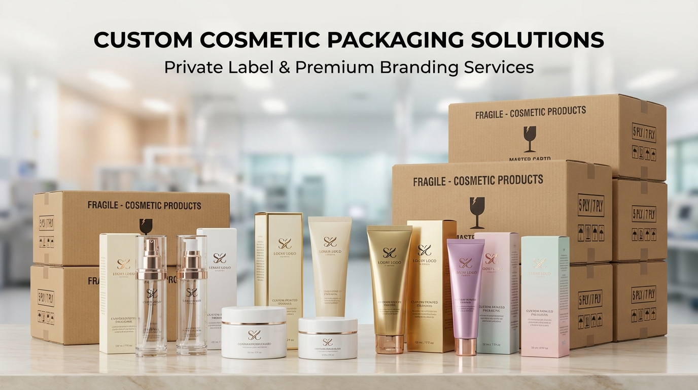 Private label cosmetic packaging bottles tubes jars printed boxes and master cartons