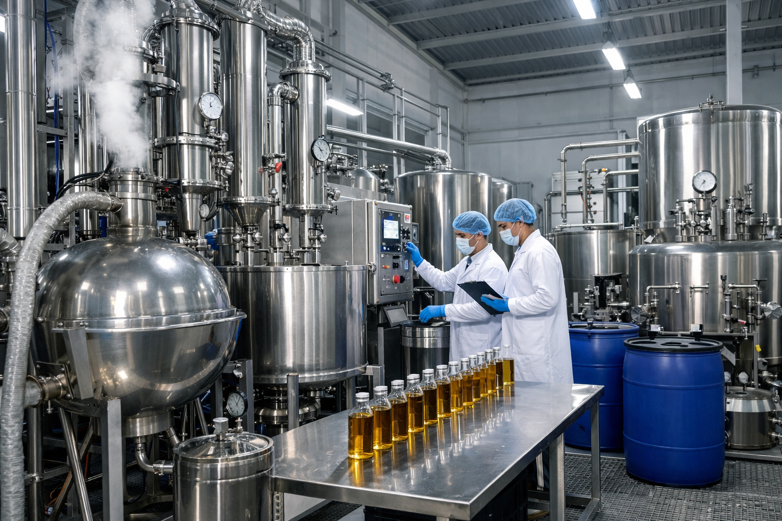 Modern Steam Distillation Essential Oil Manufacturing Facility in India